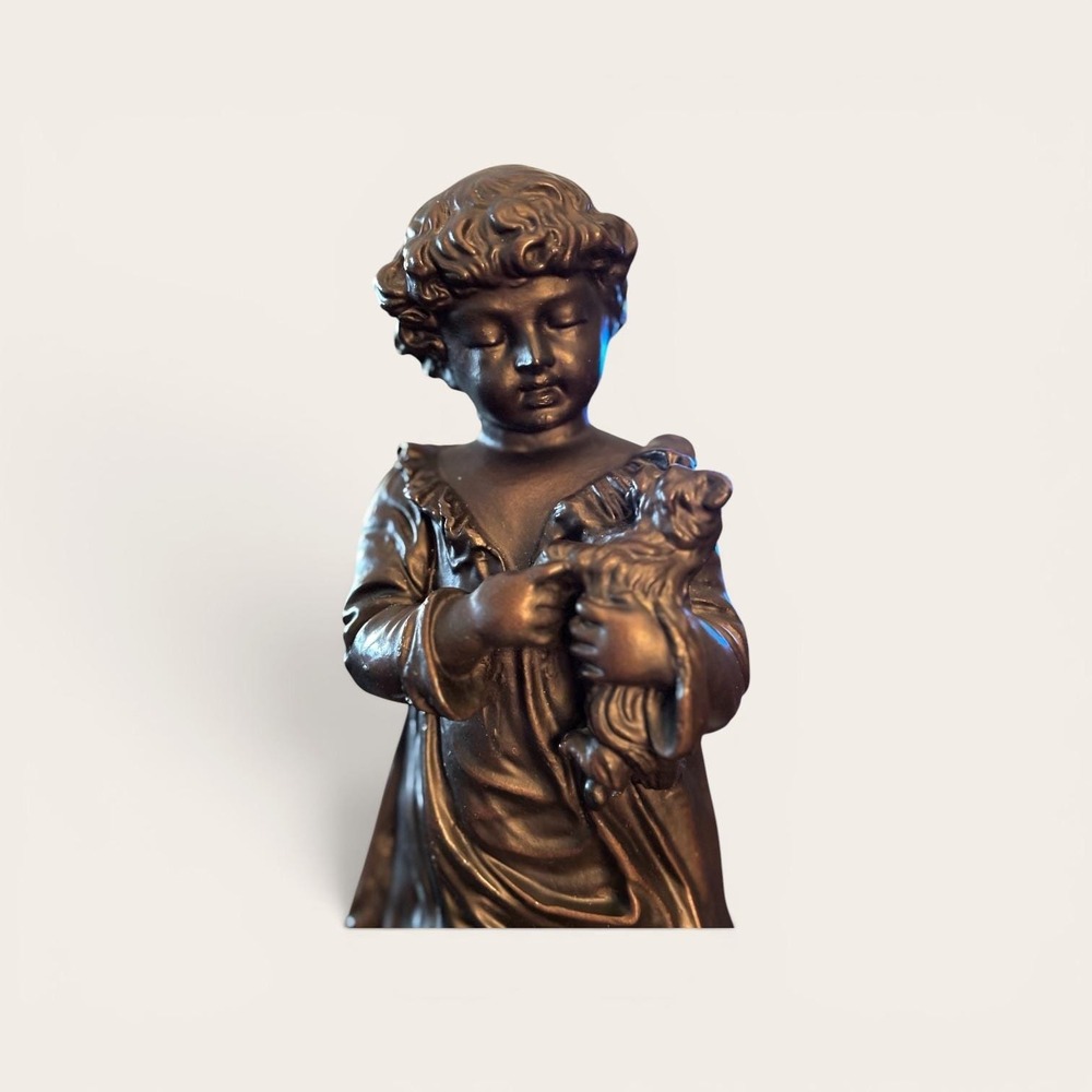 Vintage Pair Bronze Finish Children Figurines Family Cares Boy Girl Statues - Picture 7 of 11